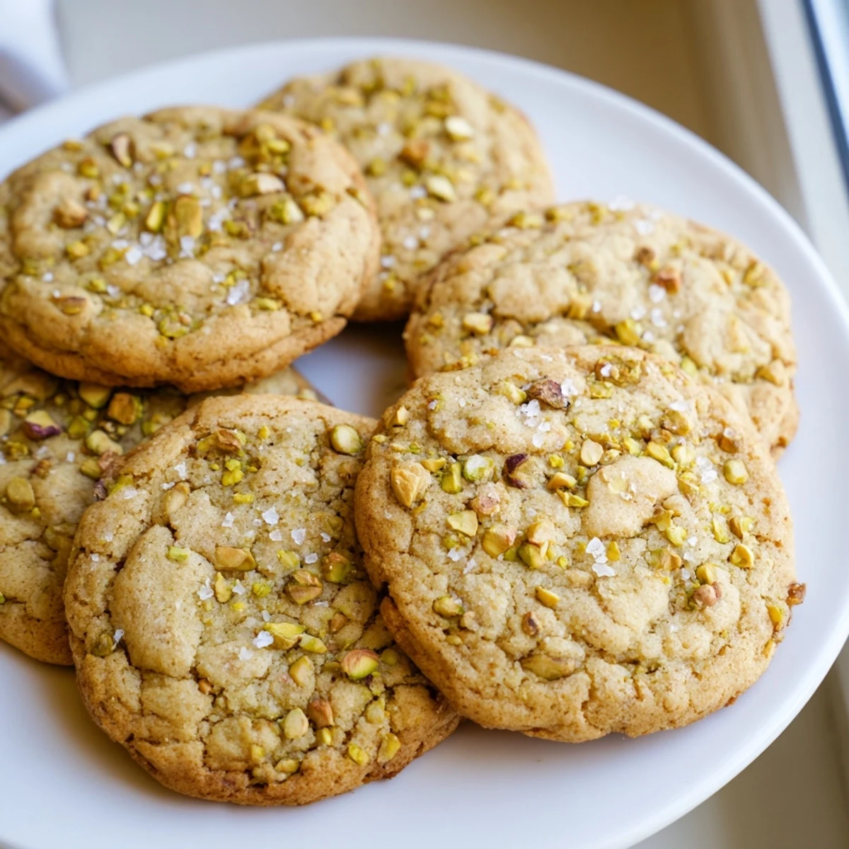 Chewy buttery pistachio cookies studded with green nuts and sea salt crystals on parchment paper