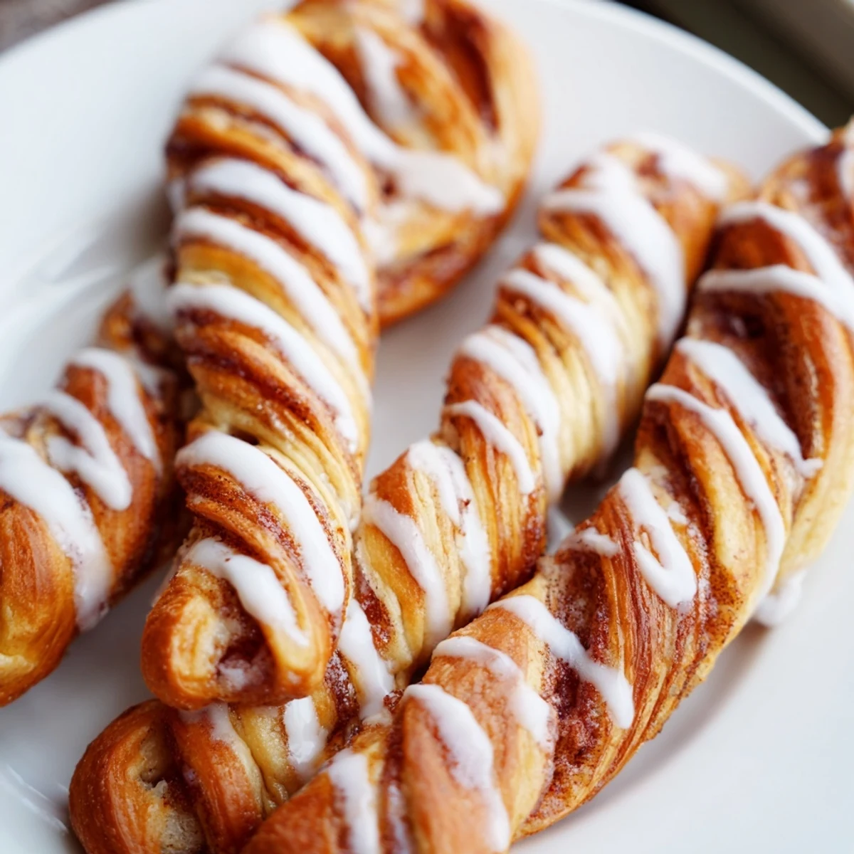 Golden sweet cinnamon twists with vanilla glaze drizzled over a rustic wooden board