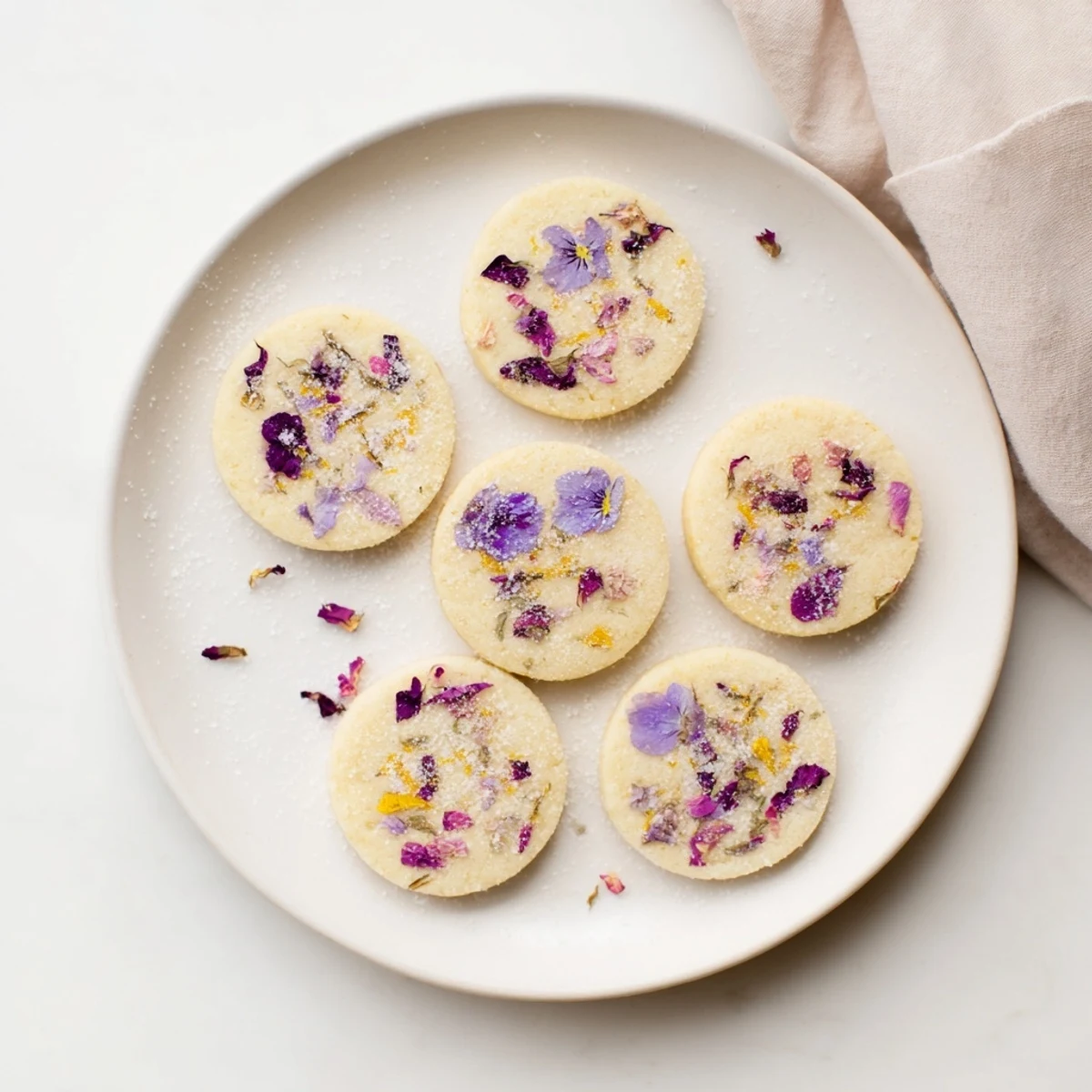 Golden spring flower shortbread cookies topped with colorful violets and pansies on a white plate