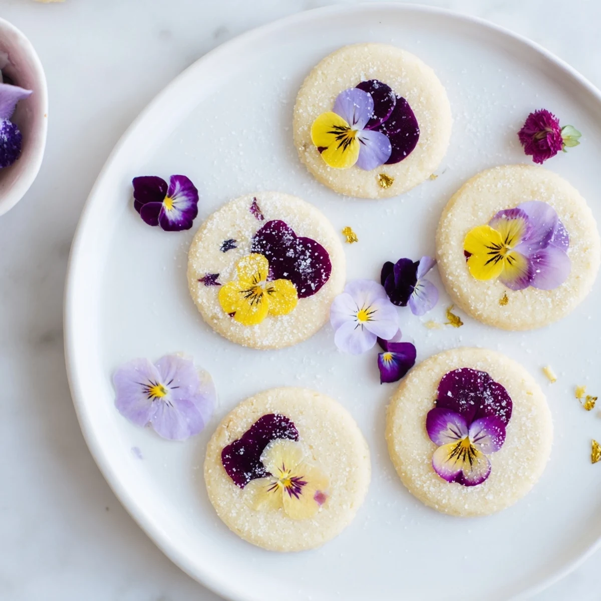 Buttery shortbread cookies decorated with edible flowers and sugar crystals arranged on wooden serving board