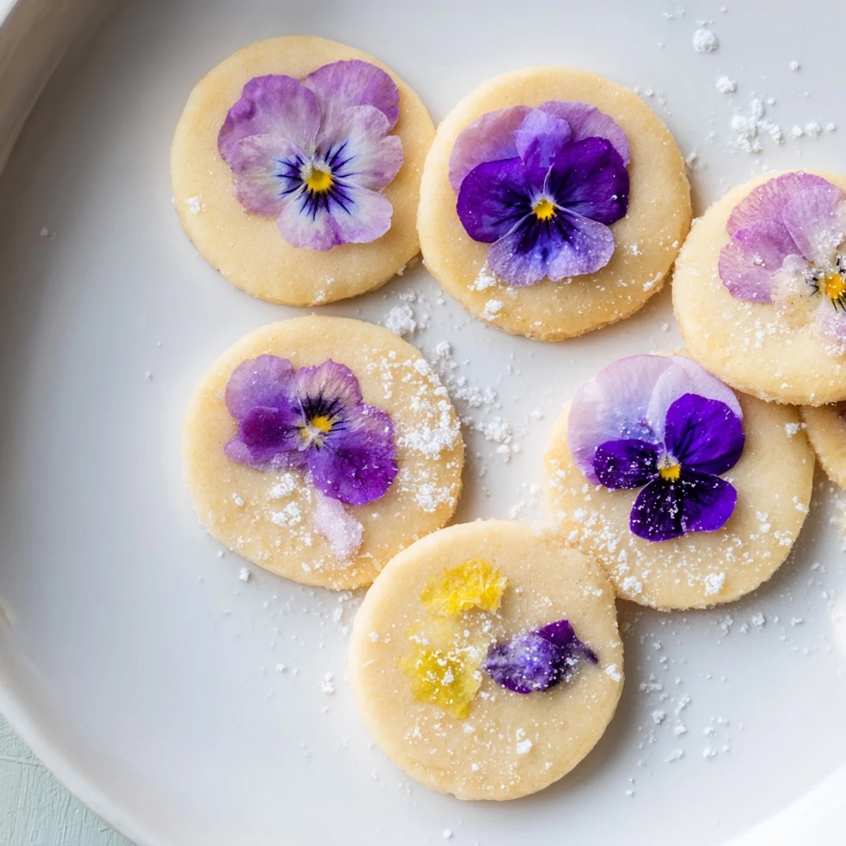 Delicate floral shortbread cookies with pressed marigold petals ready for afternoon tea service
