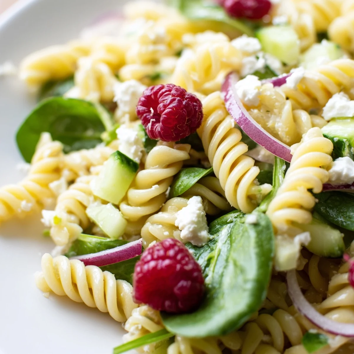 Summer pasta salad bowl featuring tender spinach, sweet raspberries, and creamy feta drizzled with tangy homemade vinaigrette dressing