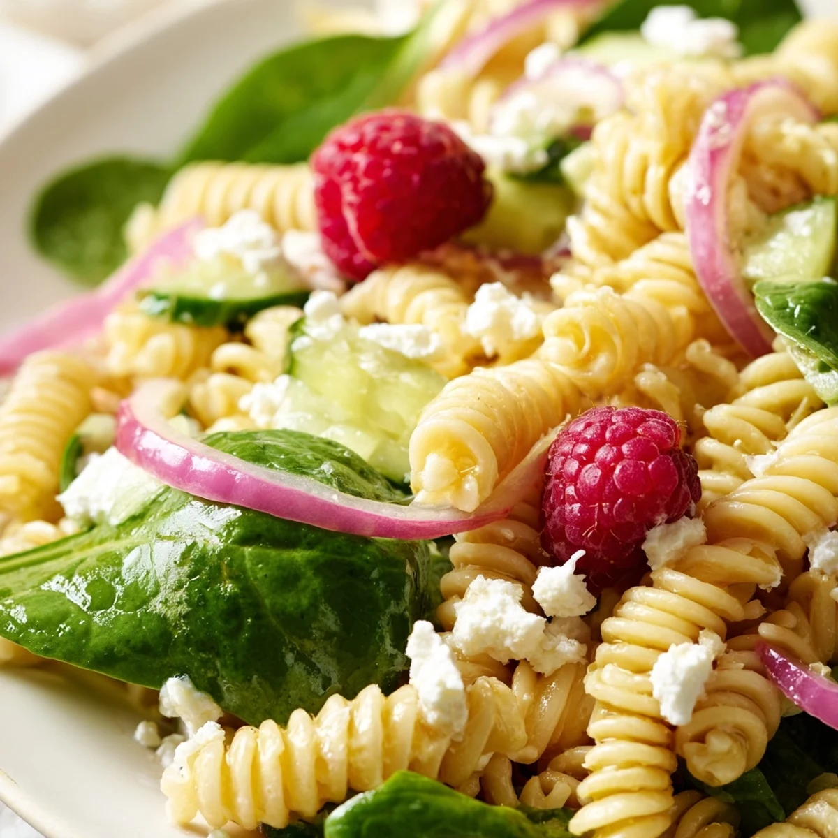 Colorful Raspberry Spinach Feta Pasta Salad tossed with fresh raspberries, spinach, and crumbled feta cheese in a large serving bowl