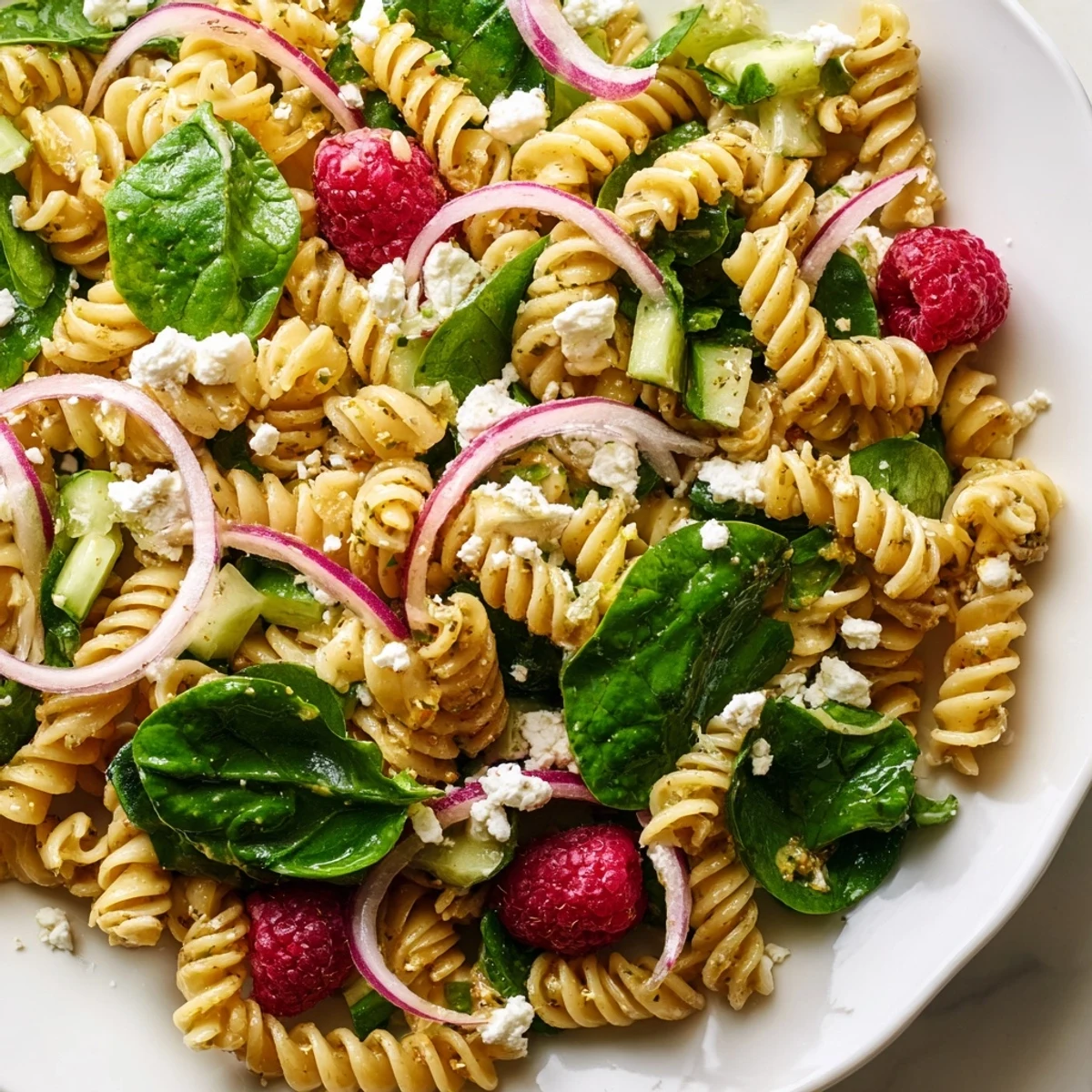 Vibrant cold pasta salad with baby spinach, red onion, cucumbers, raspberries, and sprinkled feta cheese topping