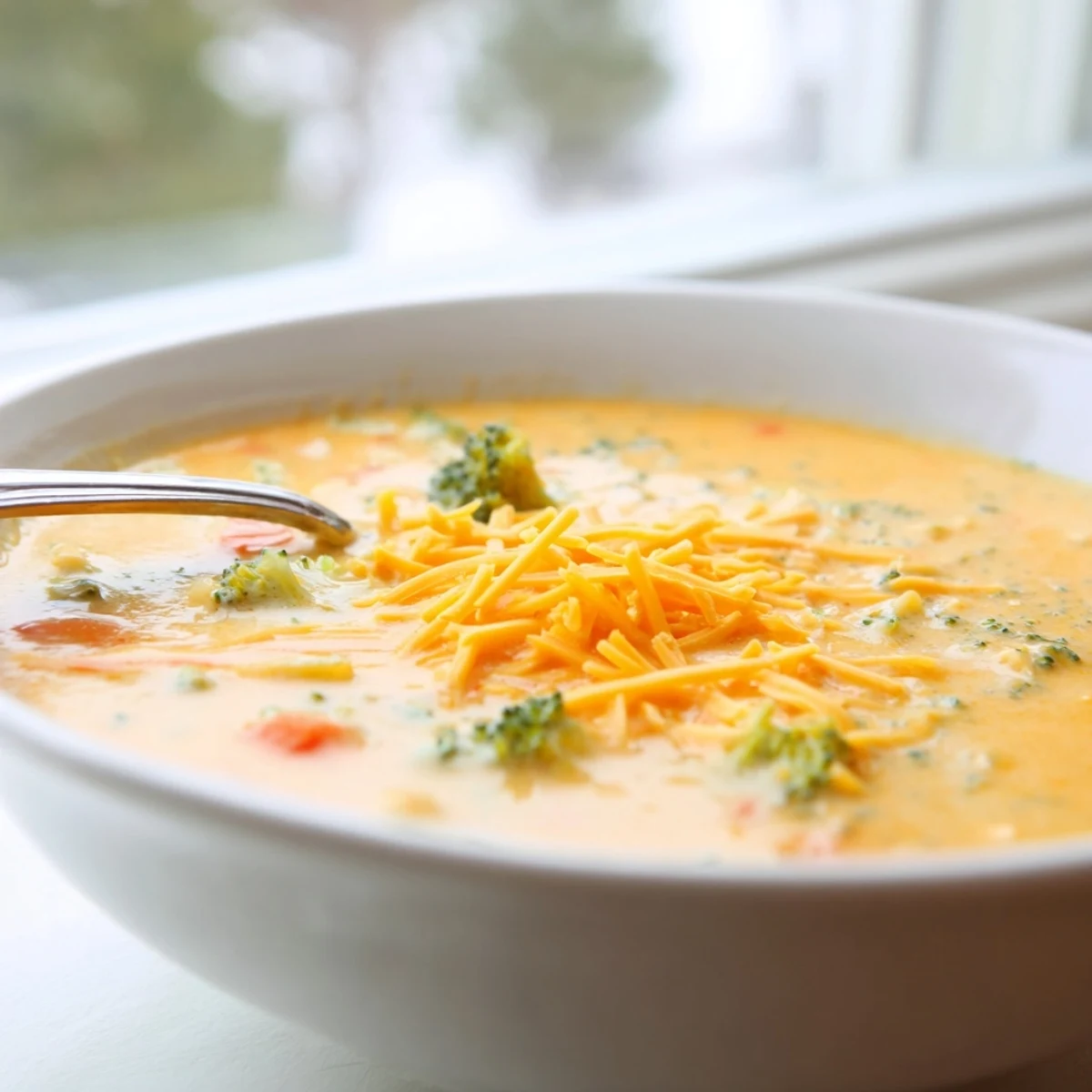Creamy broccoli cheddar soup in white bowl topped with melted cheese and parsley
