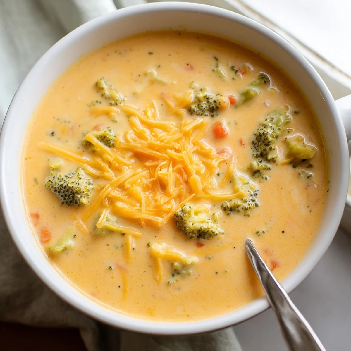 Velvety smooth broccoli cheddar soup ladled into rustic bowl with crusty bread on side