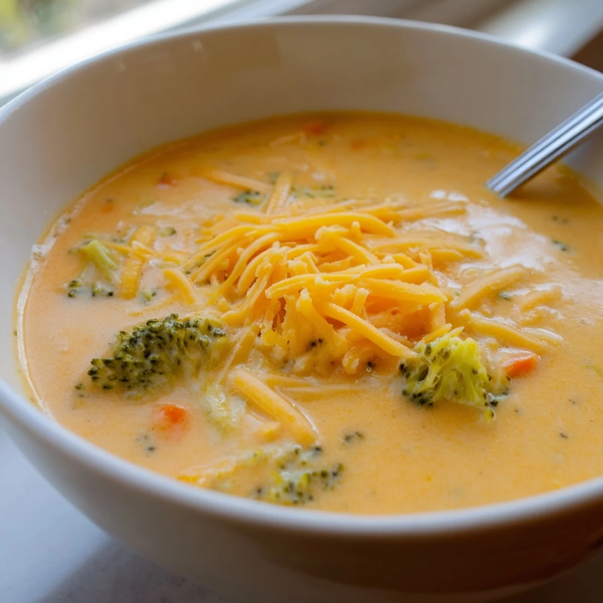 Steaming hot broccoli cheddar soup garnished with sharp cheddar and fresh black pepper