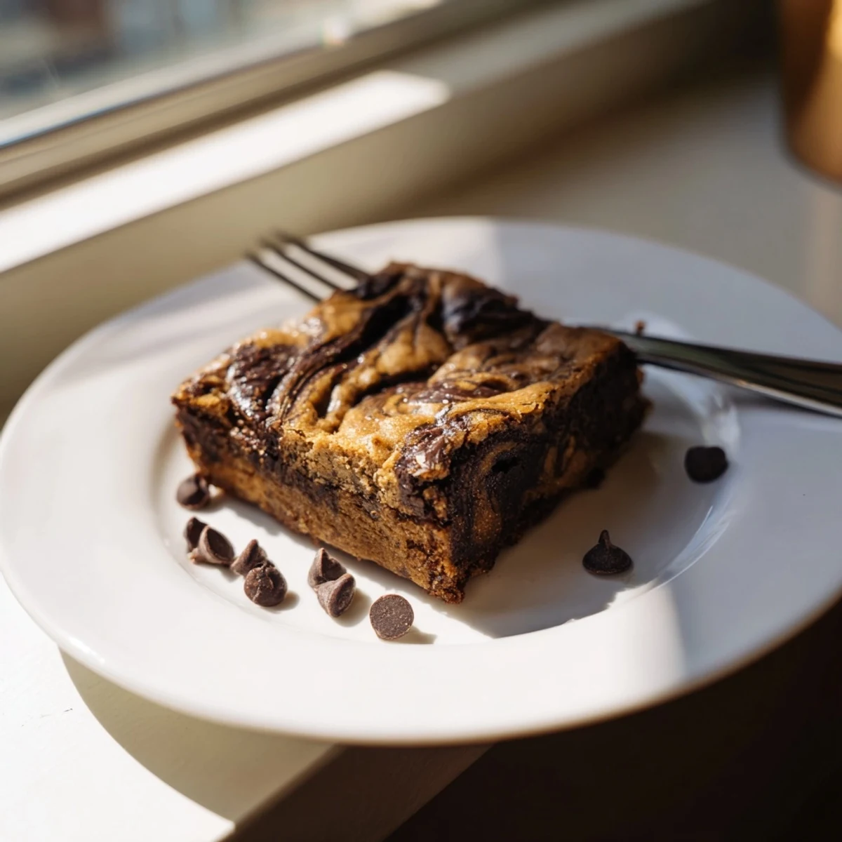 Golden banana bread brownie bars with marbled chocolate swirls on a white plate
