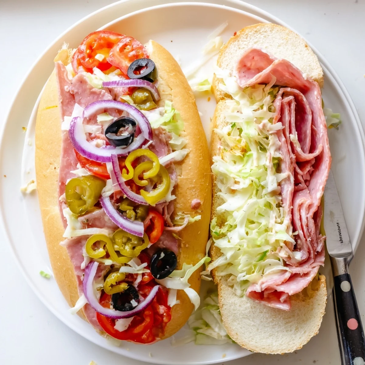 Hearty Italian grinder salad sandwich piled with deli meats and provolone on toasted hoagie roll