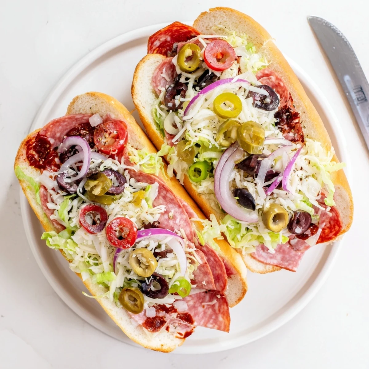 Cross-section of Italian grinder sandwich showing colorful vegetable salad and cured meats between golden bread