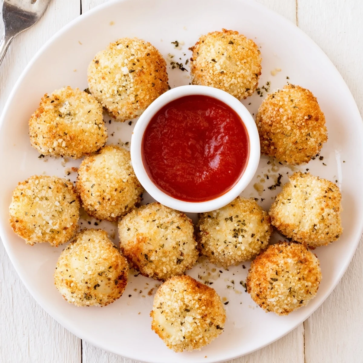 Golden fried mozzarella cheese balls with crispy panko coating served on white plate