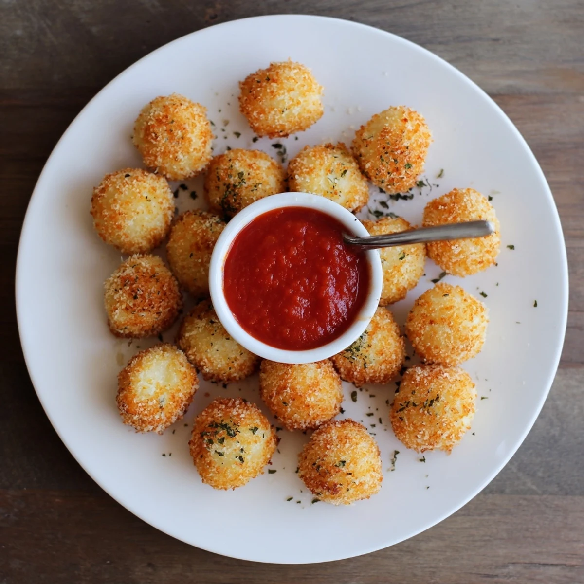 Mozzarella cheese balls arranged on platter with marinara sauce for dipping appetizer