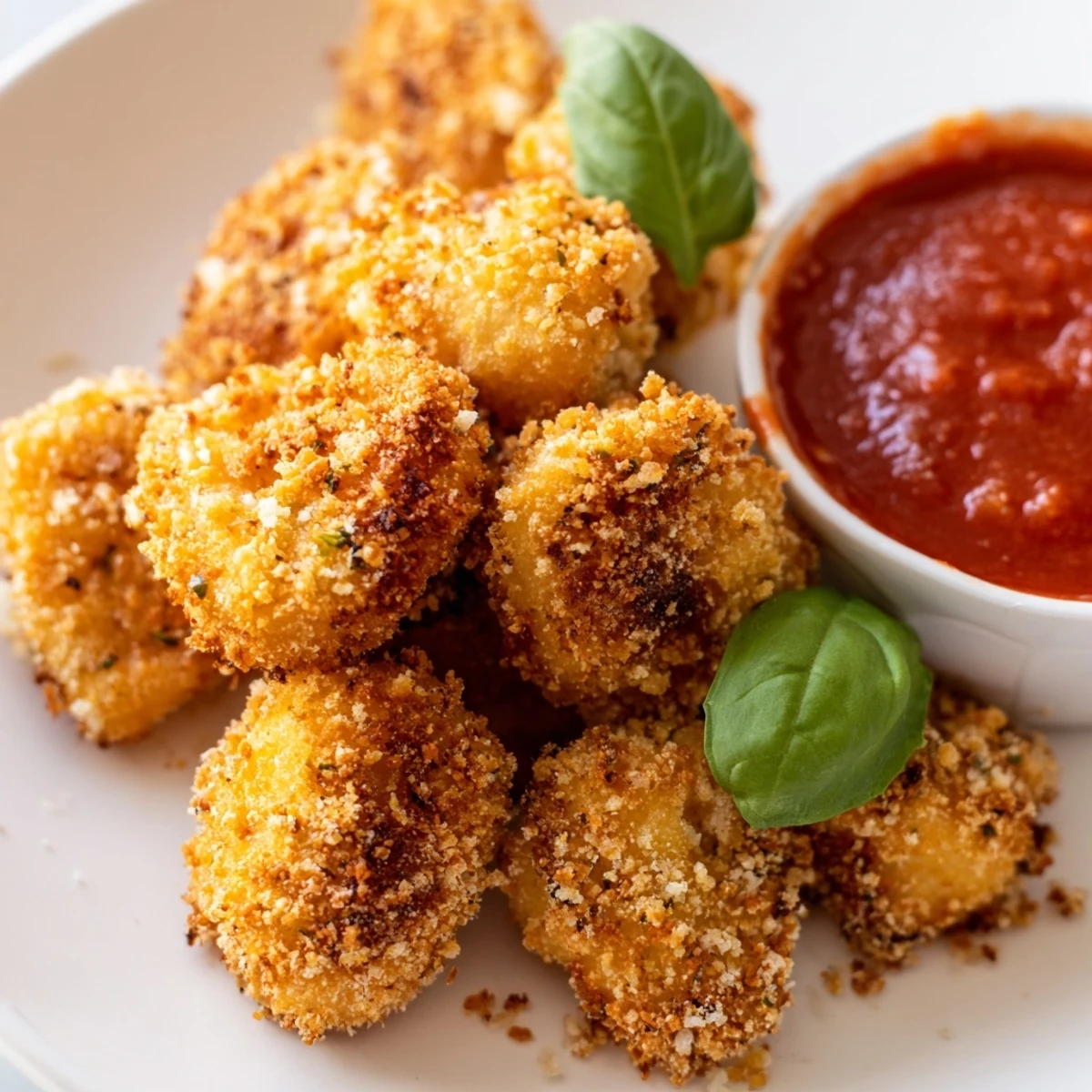 Golden crispy air fryer tortellini arranged on a white serving plate with marinara dipping sauce