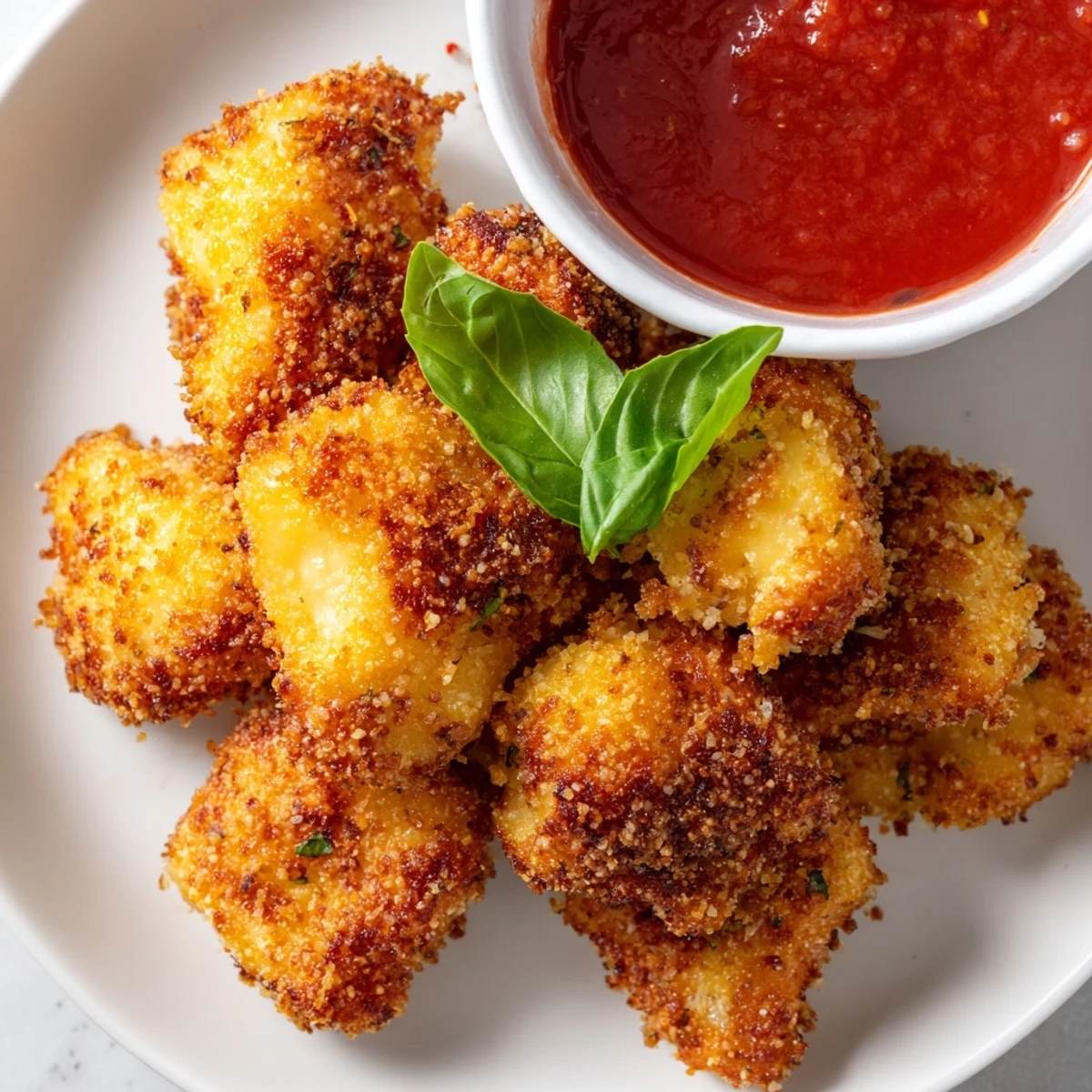 Breaded cheese tortellini air fried until perfectly crunchy and served with warm red pasta sauce