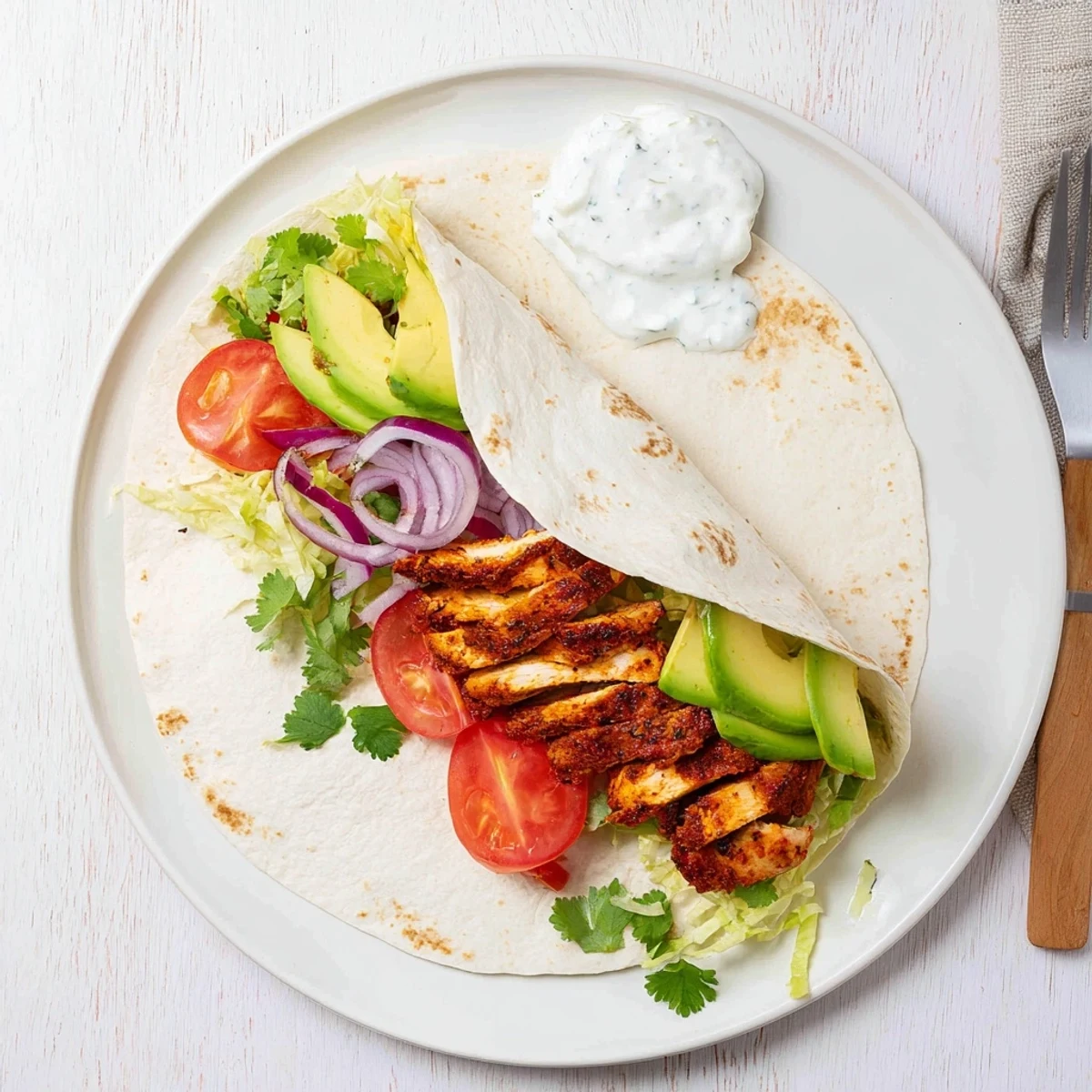 Golden spicy chicken avocado wraps filled with tender sliced chicken and fresh crisp vegetables