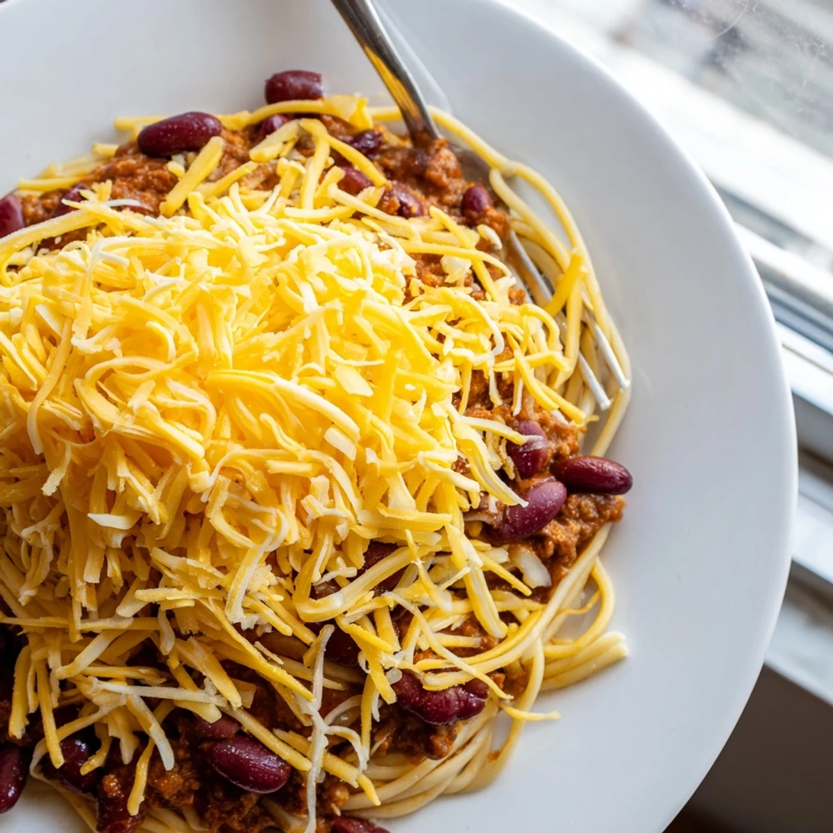 Steamy bowl of Cincinnati Chili featuring spiced meat sauce draped over spaghetti with melted cheddar