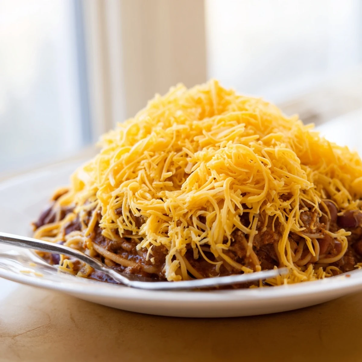 Close up of Cincinnati Chili showing cinnamon spiced beef sauce layered over spaghetti noodles