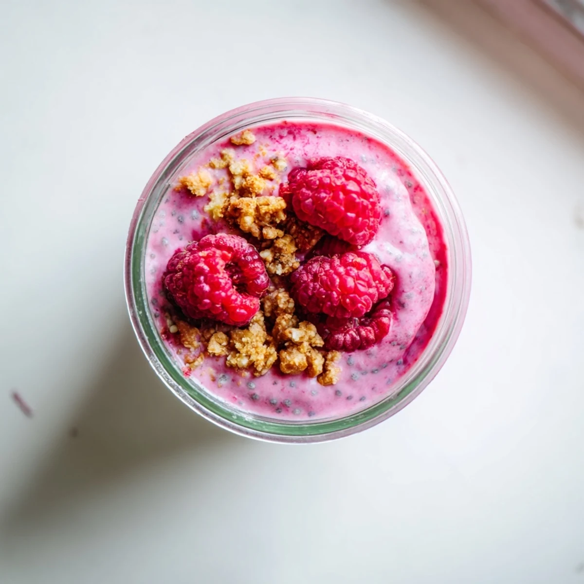 Creamy raspberry chia pudding topped with fresh berries and mint in glass jars