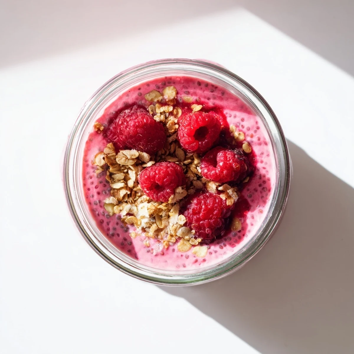 Vibrant pink raspberry chia pudding layered with granola and fresh raspberries for breakfast