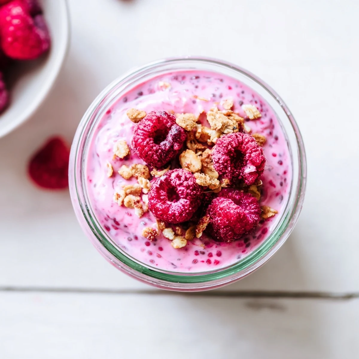 Thick raspberry chia pudding dessert garnished with nuts and whole fresh raspberries