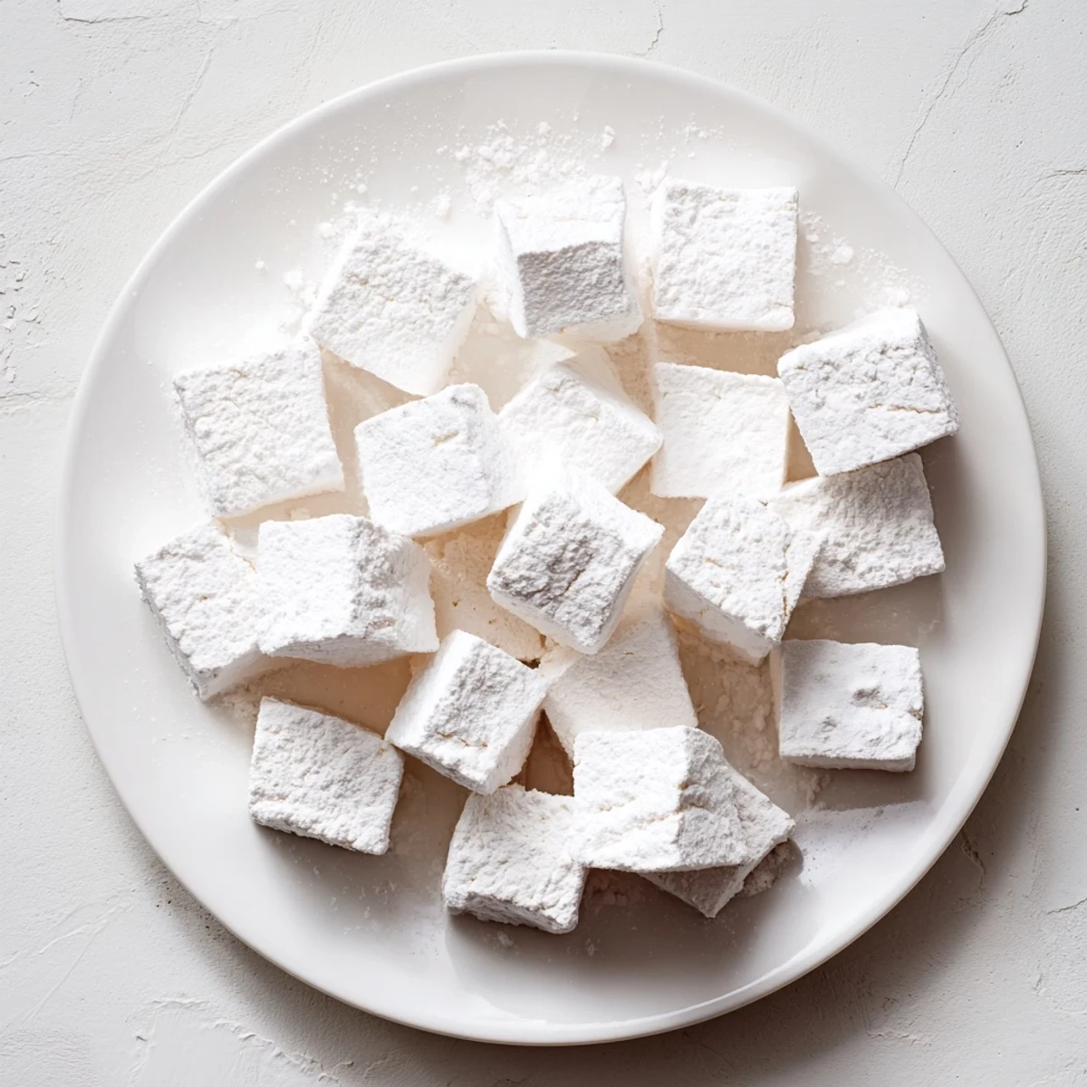 Soft white homemade marshmallow recipe cubes dusted with powdered sugar on a wooden board