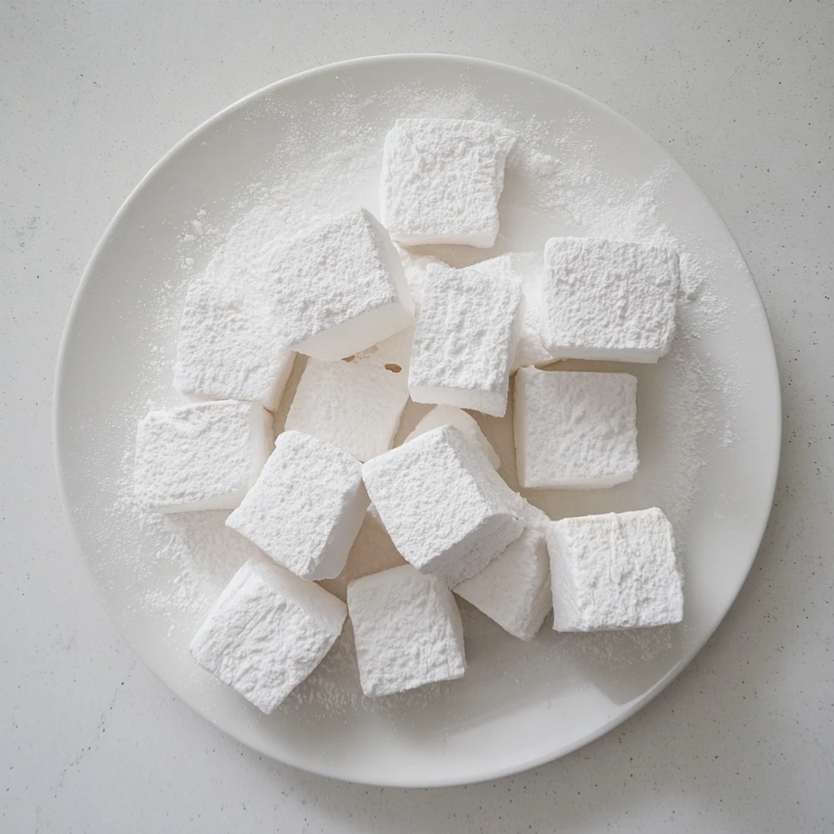 Handcrafted marshmallow recipe showing pillowy white treats coated in sweet confectioners' sugar mixture