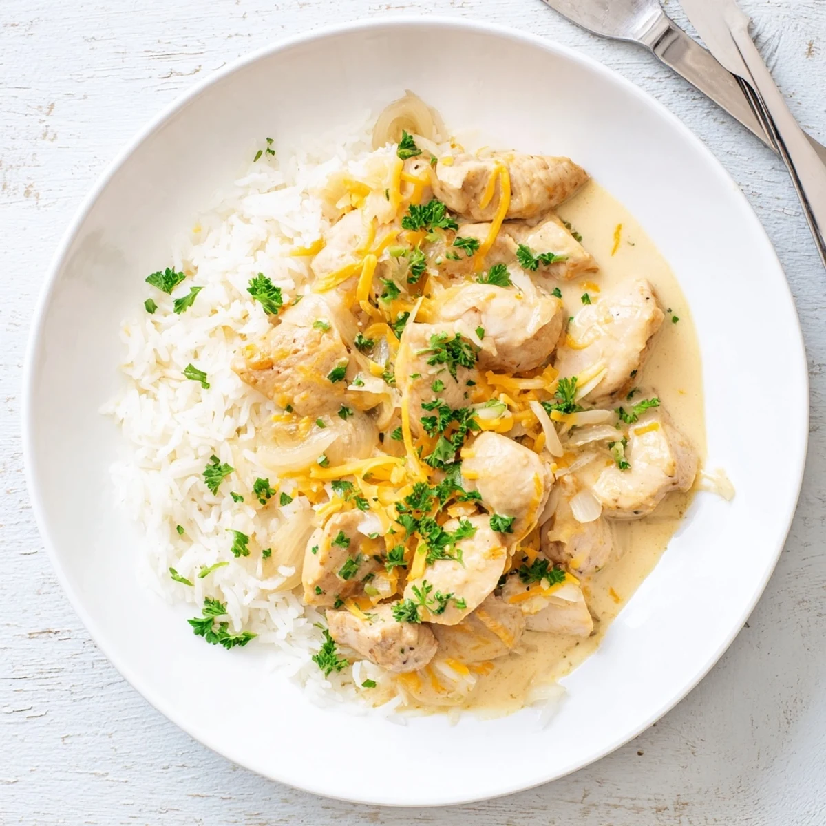 Golden-brown chicken breasts nestled in creamy rice with melted cheddar cheese and fresh parsley garnish