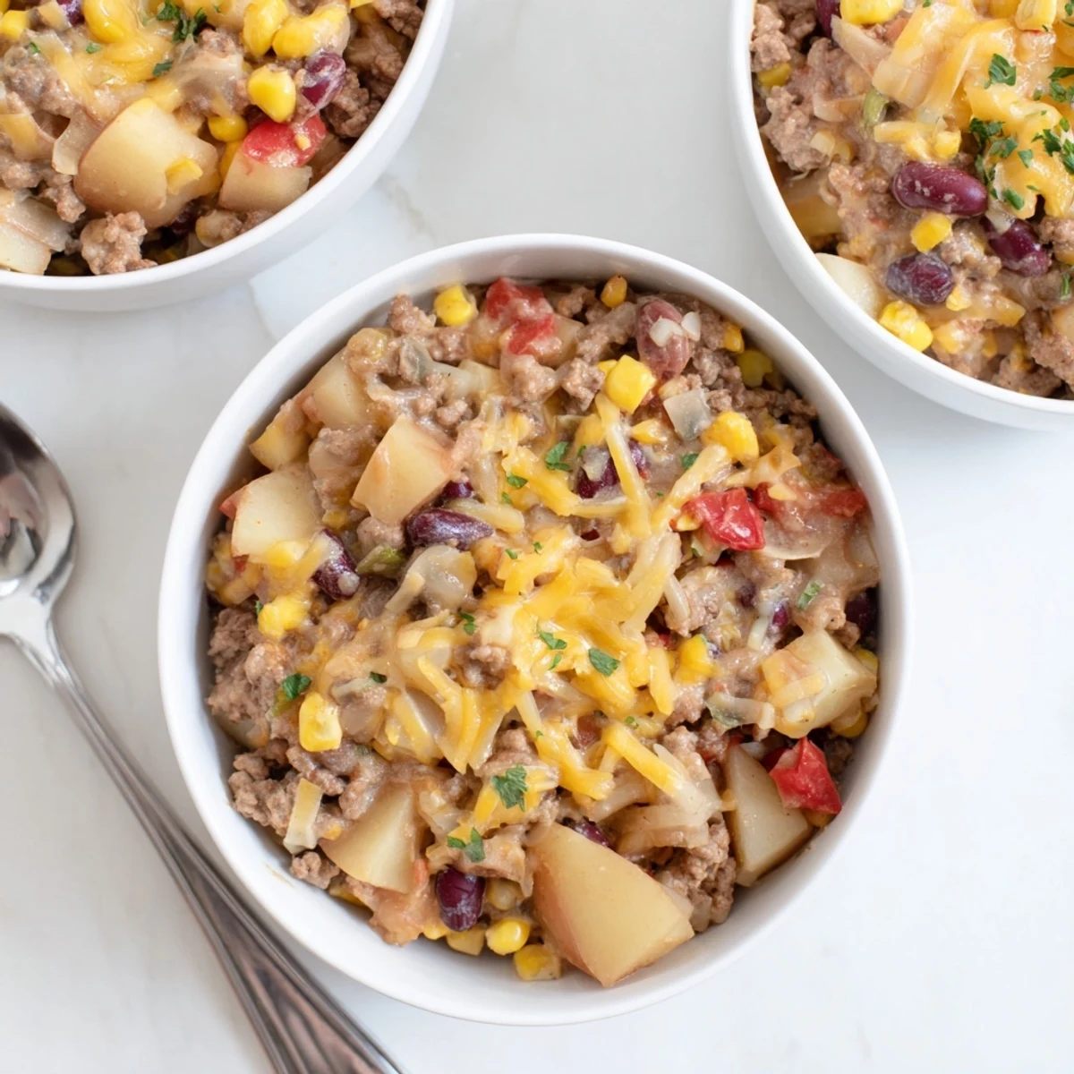 Spoonful of slow cooker cowboy casserole showcasing layers of beans beef and golden melted cheese