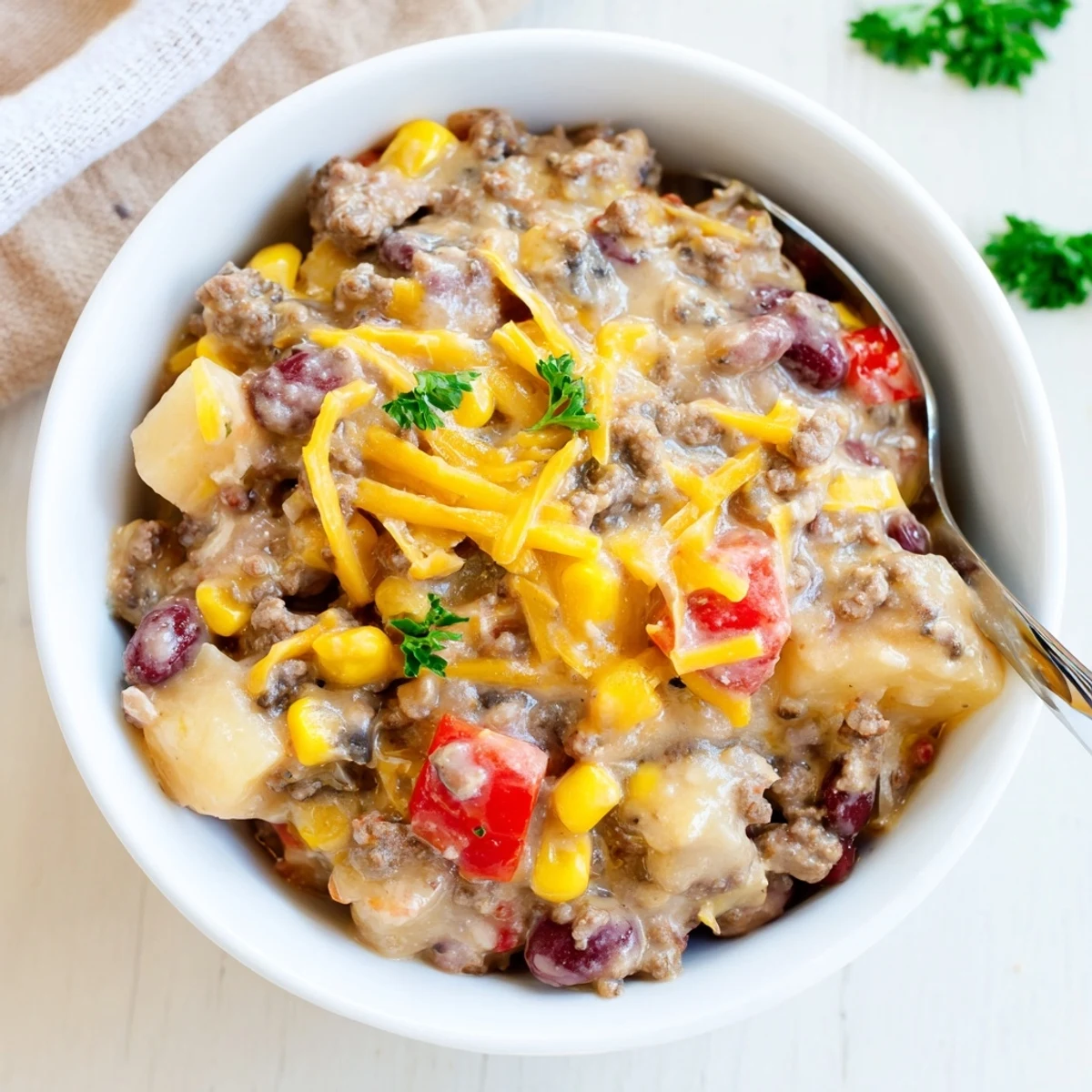 Hearty cowboy casserole featuring tender potatoes ground beef and corn bubbling in rich tomato sauce