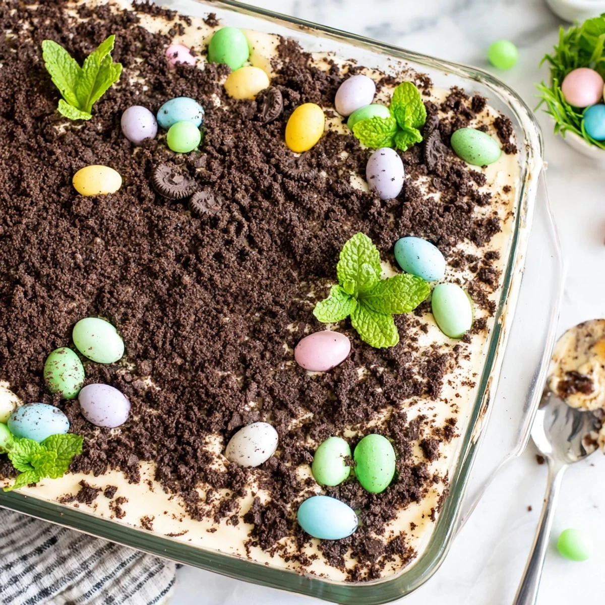 Spring dessert casserole featuring chocolate cookie dirt, vanilla cream, and colorful Easter candies