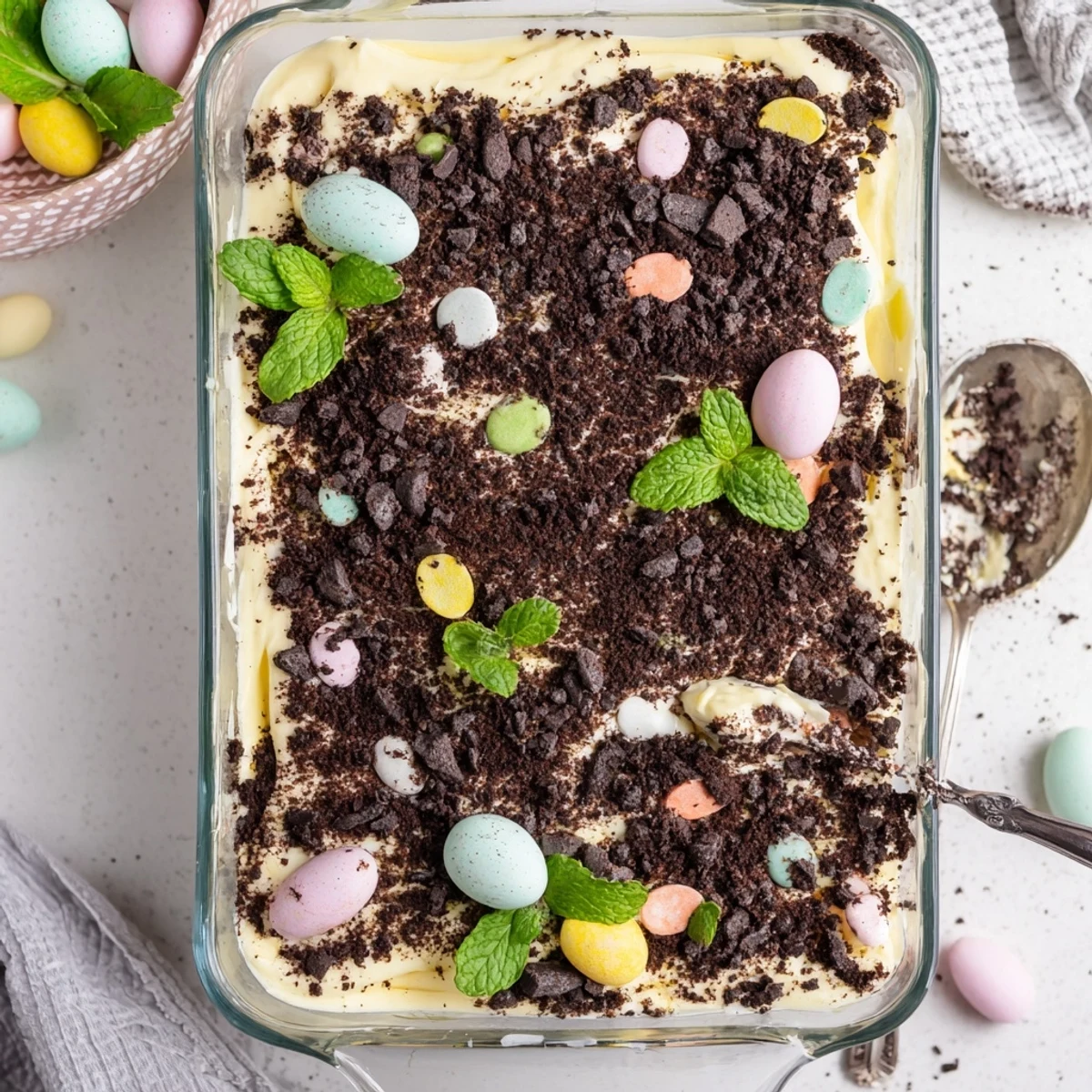 Easter dirt cake casserole with crushed cookies, creamy pudding layers, and pastel candy eggs