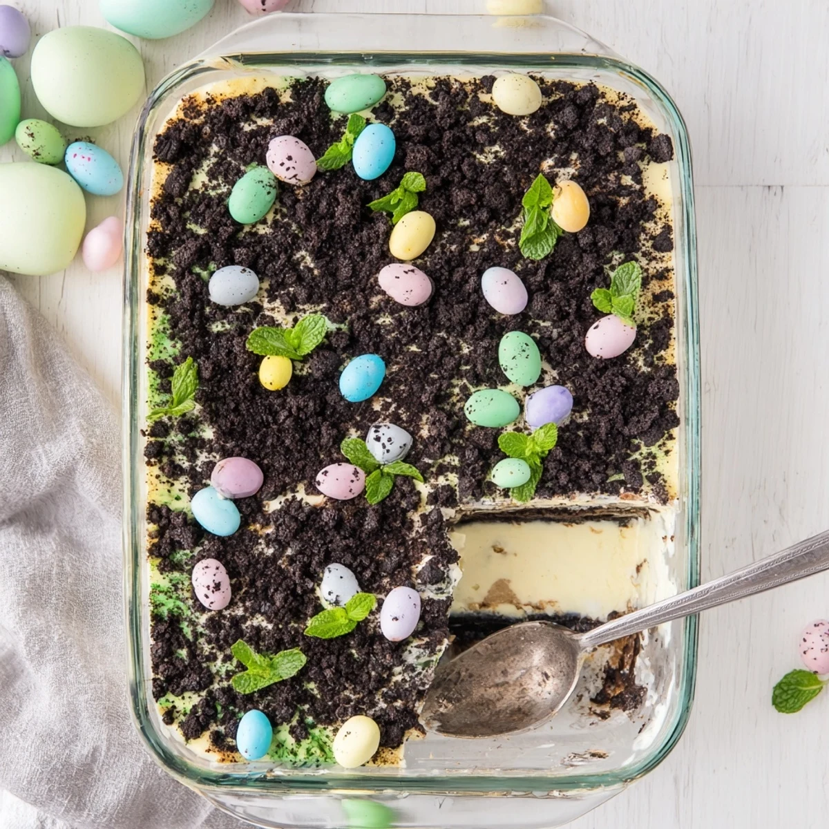 No-bake Easter dirt cake casserole topped with pastel eggs and fresh mint garnish