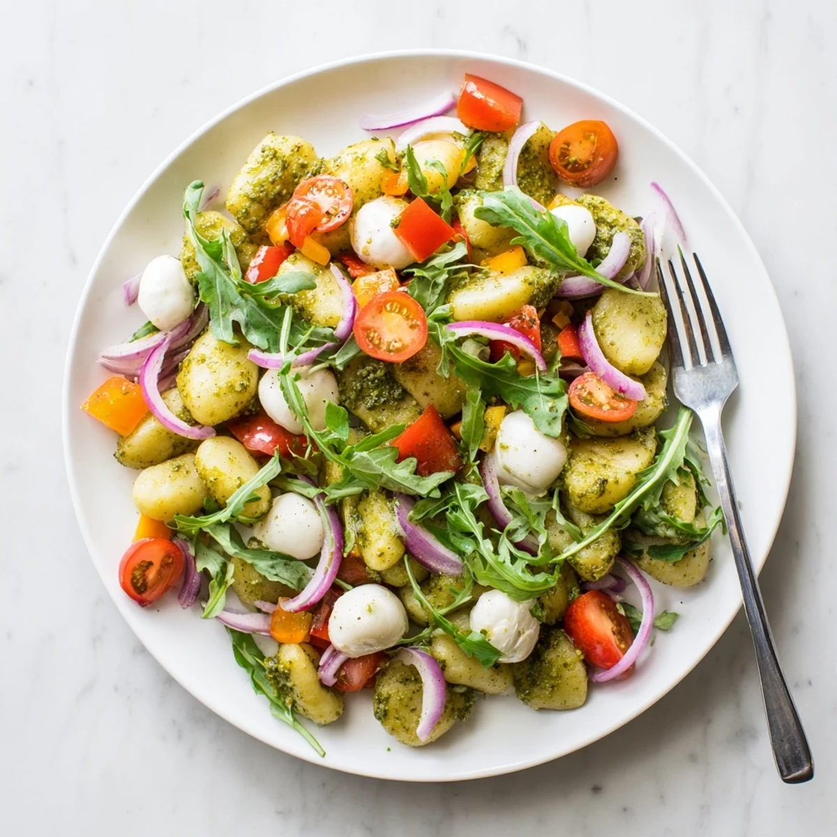 Golden roasted gnocchi salad with cherry tomatoes and fresh mozzarella in basil pesto