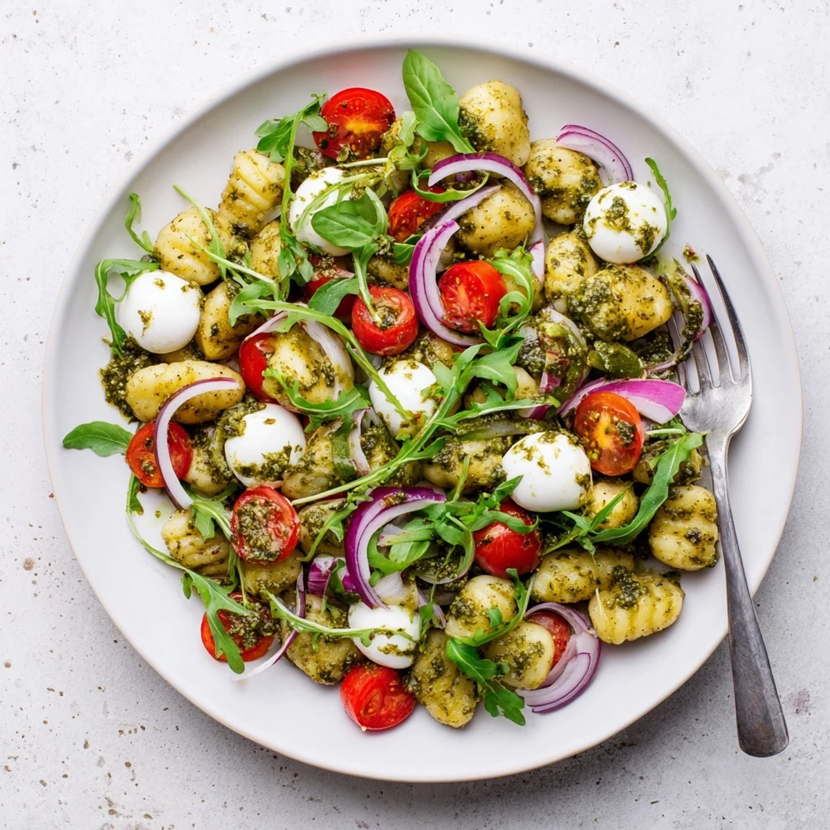 Warm Italian gnocchi bowl featuring colorful roasted vegetables and creamy pesto mozzarella dressing