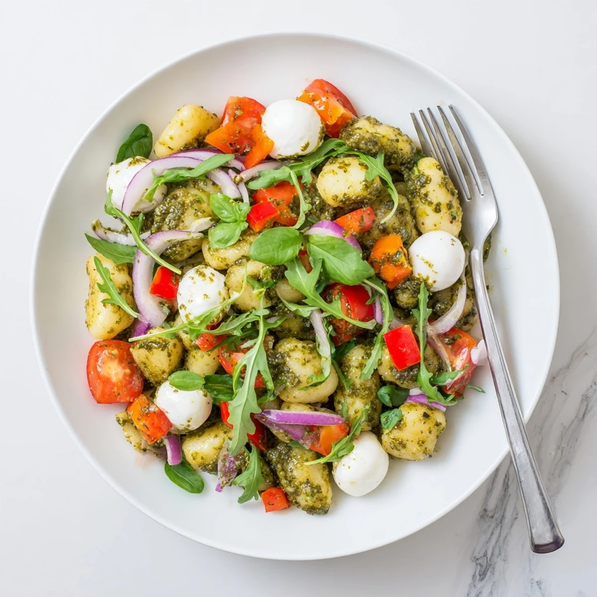 Crispy potato gnocchi tossed with arugula, tomatoes, and zesty basil pesto sauce