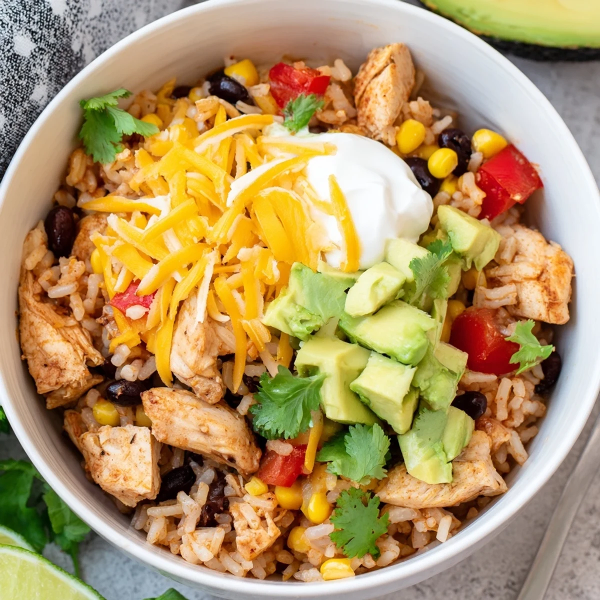 Golden Instant Pot chicken burrito bowls topped with melted cheese and fresh cilantro