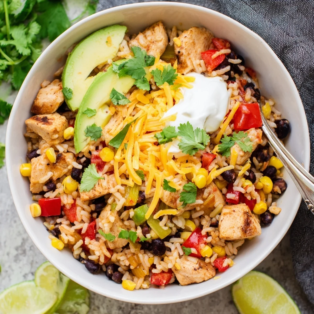 Heaping bowl of Instant Pot chicken burrito bowls with sour cream and lime