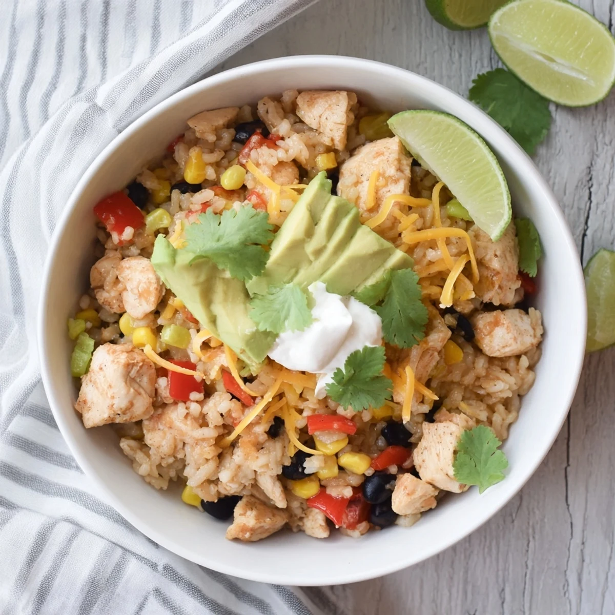 Flavorful Mexican chicken burrito bowl with tender rice beans and avocado garnish