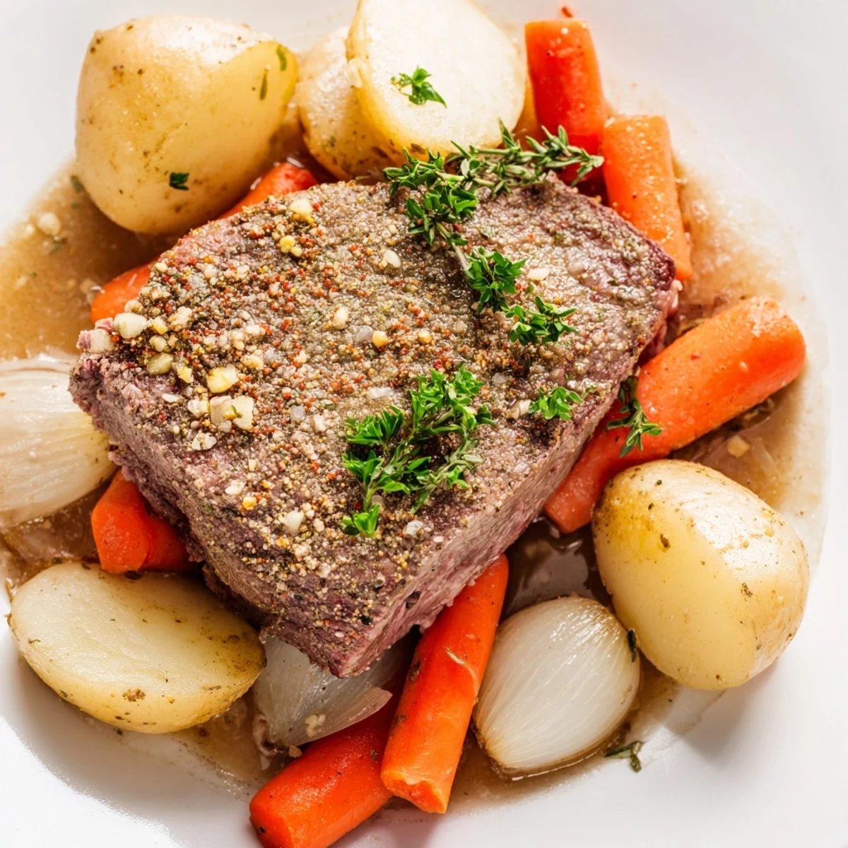 Golden seared beef steaks nestled with tender baby potatoes and carrots in a slow cooker