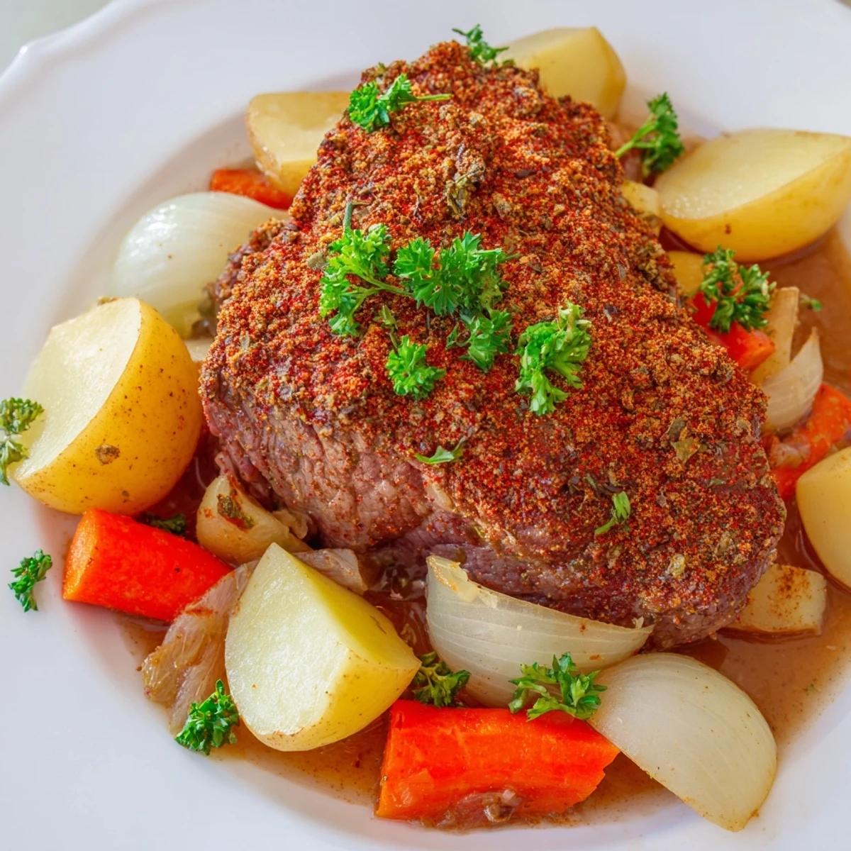 Hearty slow cooker steak and potatoes with buttery vegetables and fresh parsley garnish