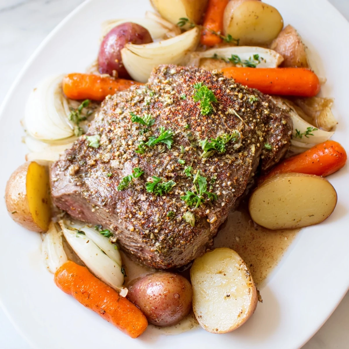 Comforting one-pot meal featuring seasoned beef steaks and baby potatoes slow-cooked to perfection