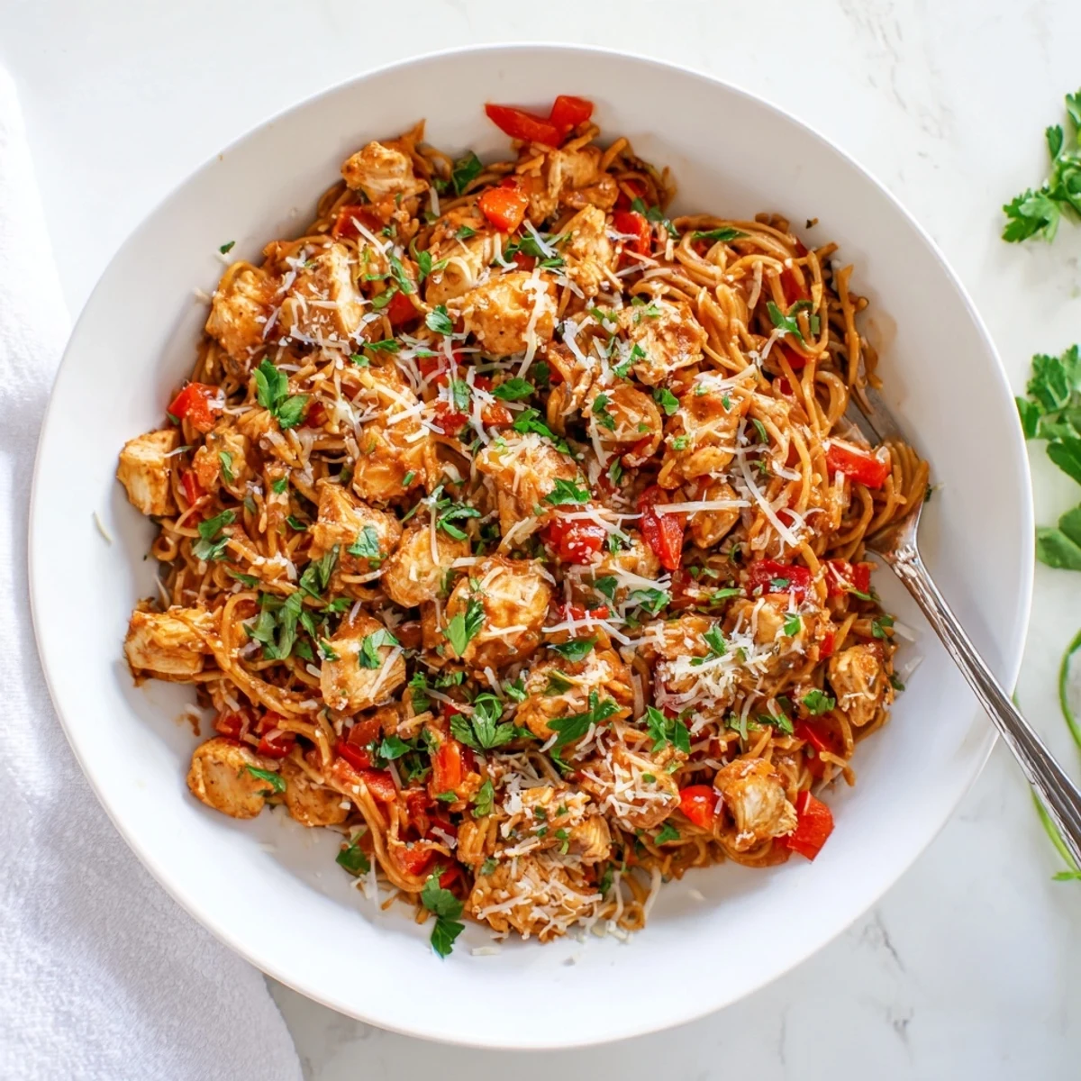 Savory Instant Pot chicken spaghetti featuring tender pasta pieces in rich tomato sauce with melted Parmesan