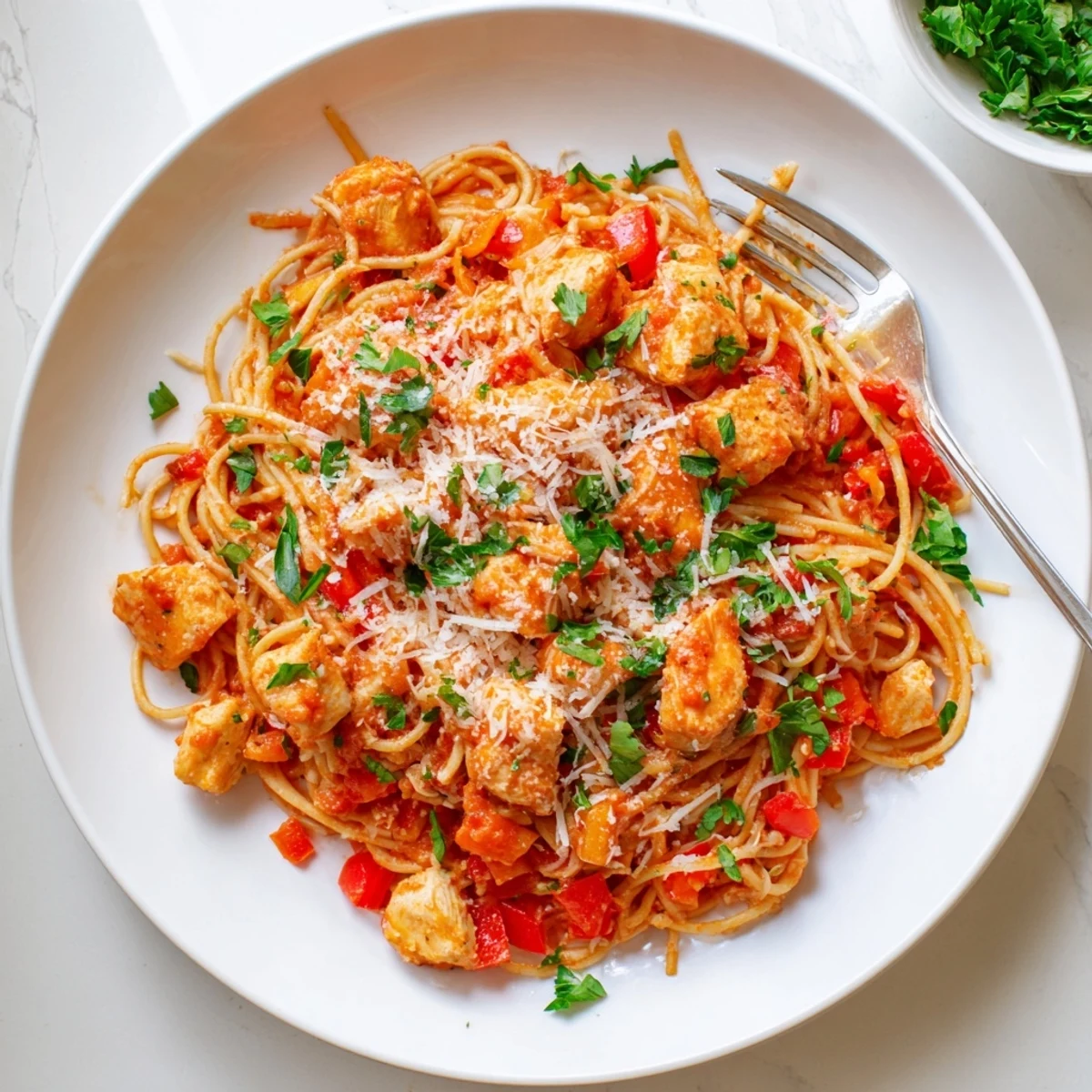 Comforting one-pot chicken spaghetti with bite-sized chicken pieces and vegetables in a hearty red sauce