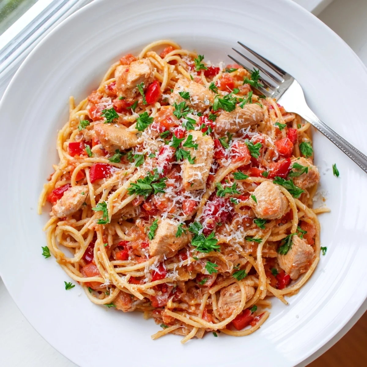 Easy Instant Pot chicken spaghetti garnished with fresh parsley and grated cheese over savory tomato-coated noodles