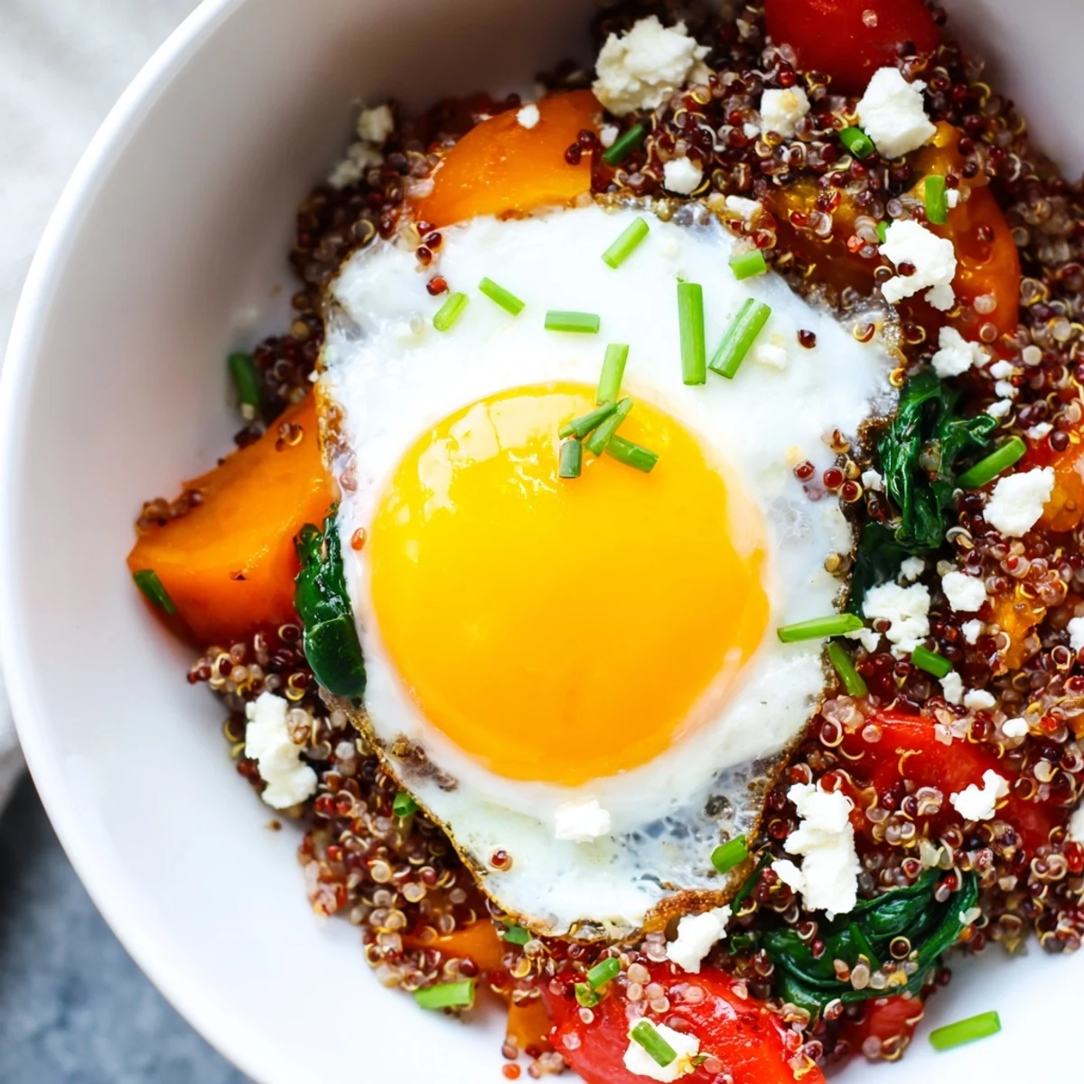 Golden fried egg resting on fluffy savory quinoa breakfast bowl with colorful sautéed vegetables