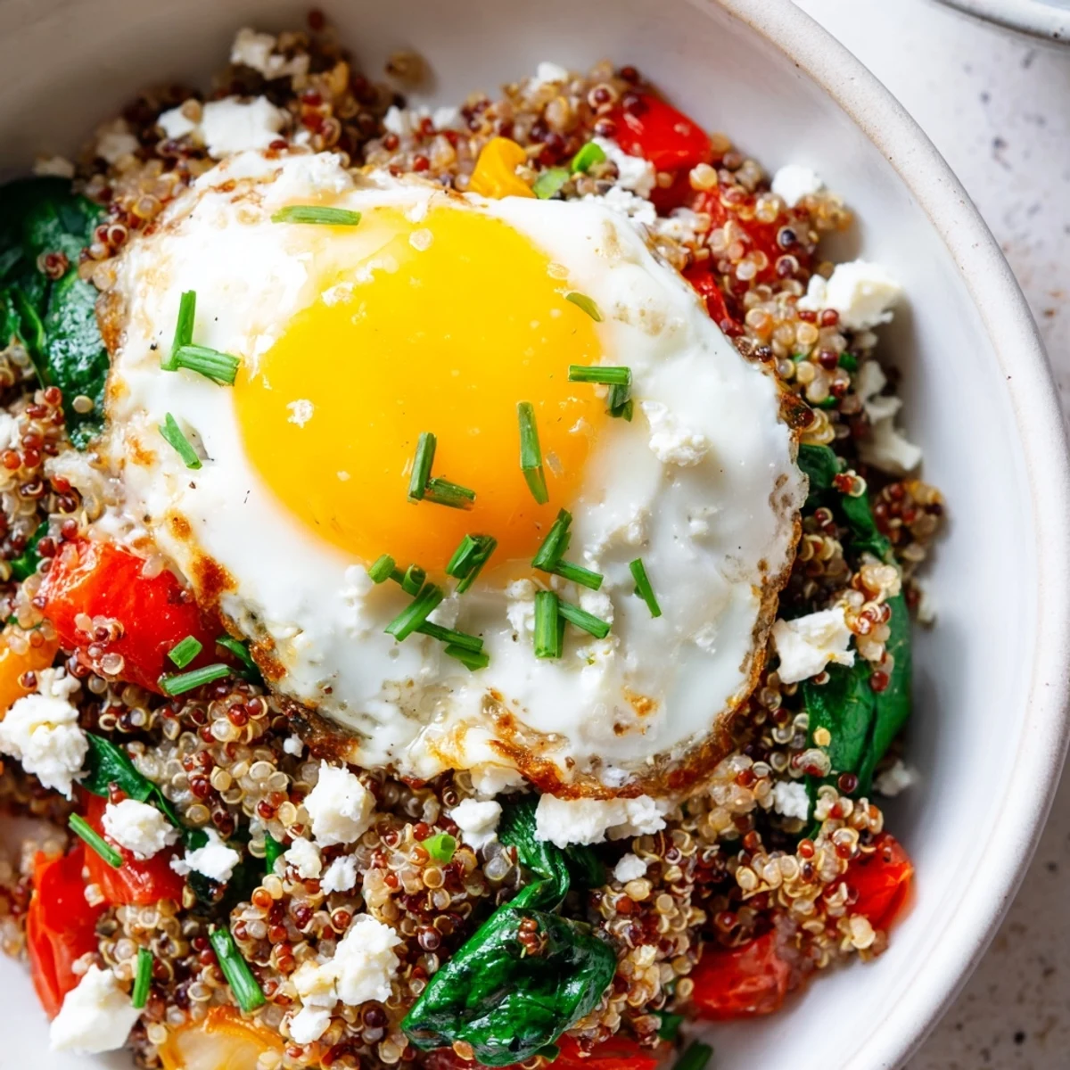 Hearty quinoa breakfast bowl topped with perfectly cooked egg surrounded by vibrant cherry tomatoes and spinach