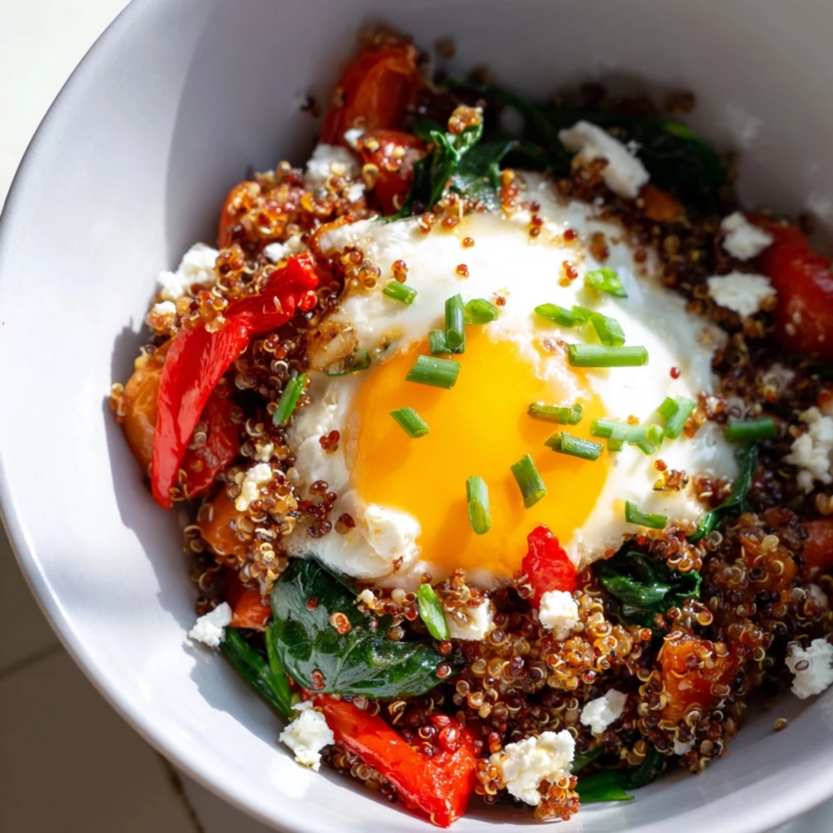 Protein-rich savory quinoa breakfast bowl featuring fried egg garnished with fresh avocado slices and herbs