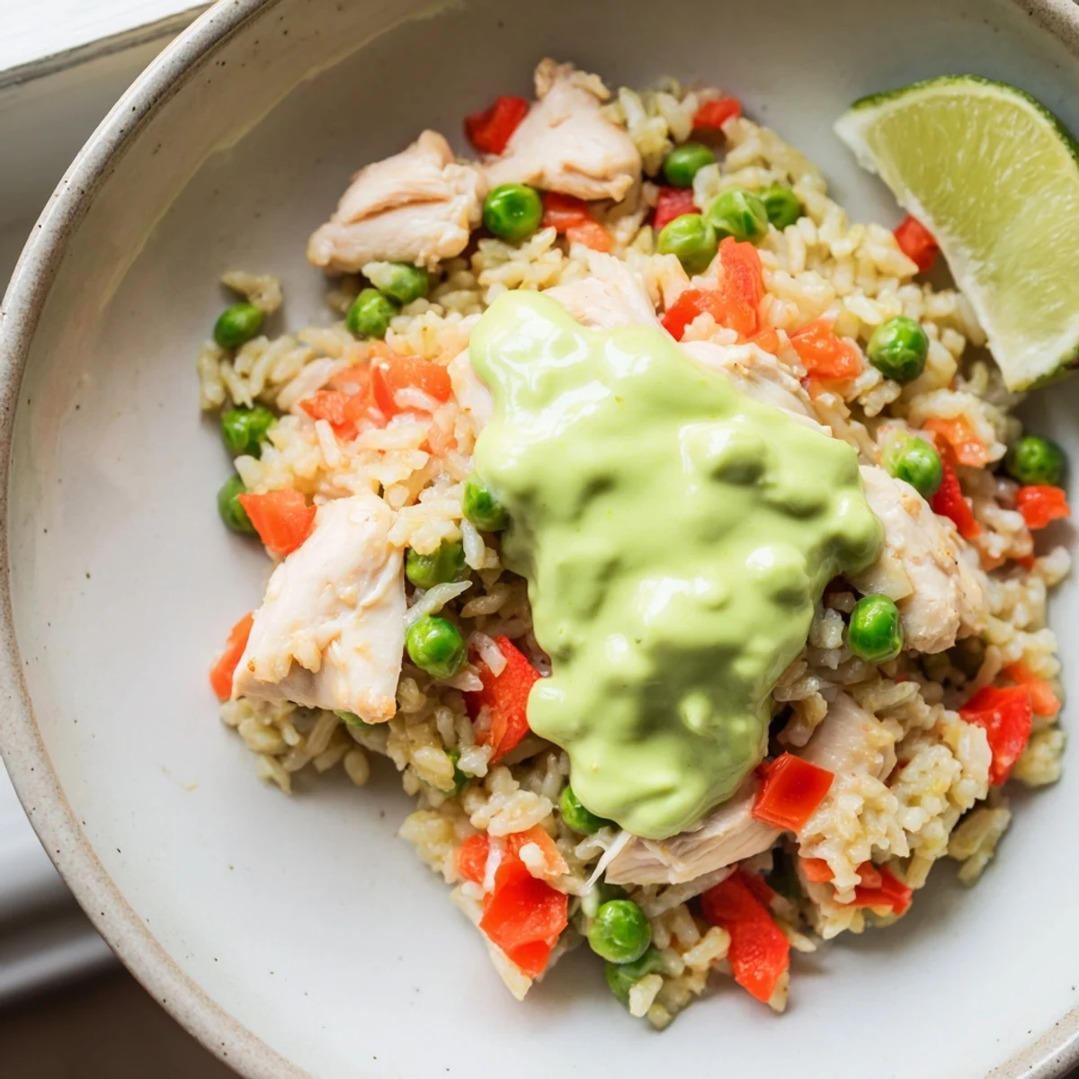 Golden Peruvian chicken rice topped with vibrant green sauce and fresh lime wedges