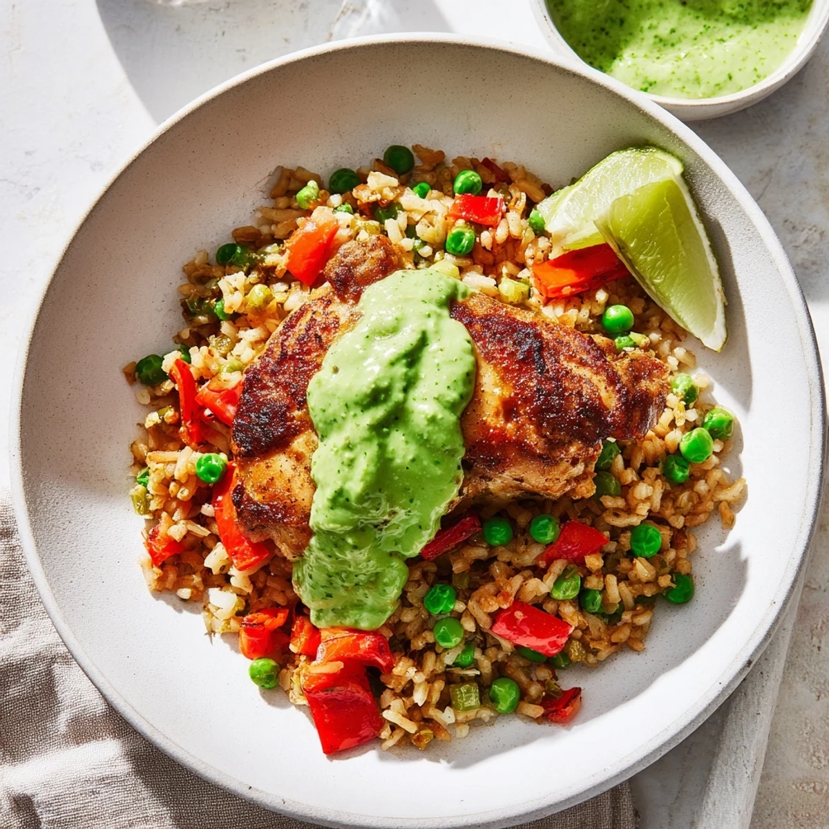 Steaming plate of Peruvian chicken rice served alongside creamy zesty aji verde dipping sauce