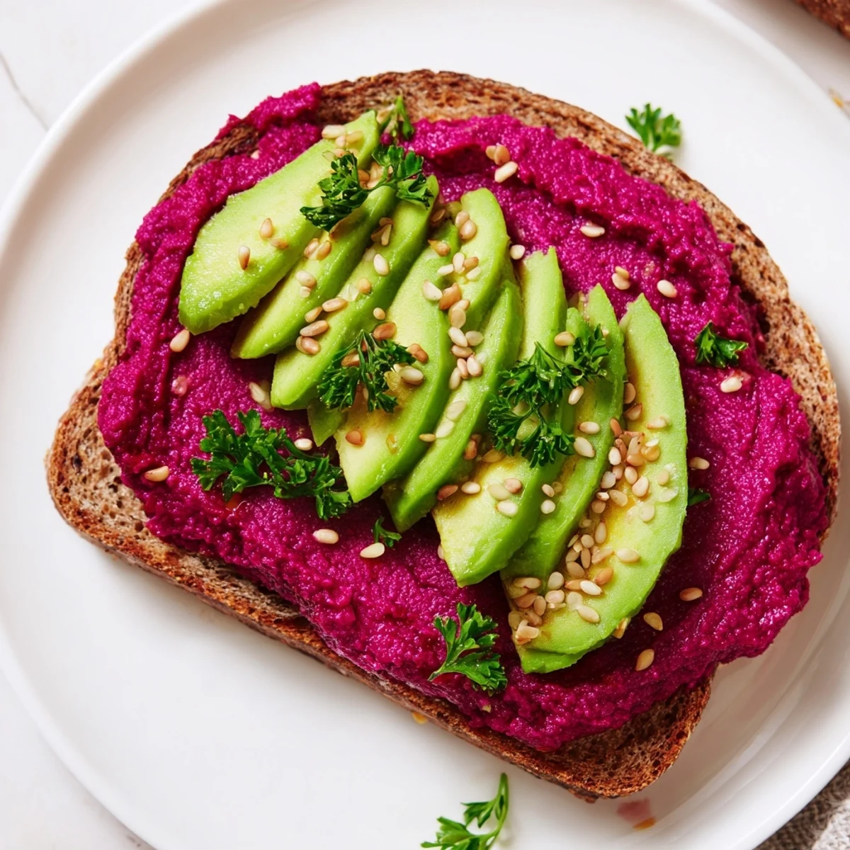 Golden toasted bread layered with vibrant pink avocado beet hummus toast topped with creamy avocado slices